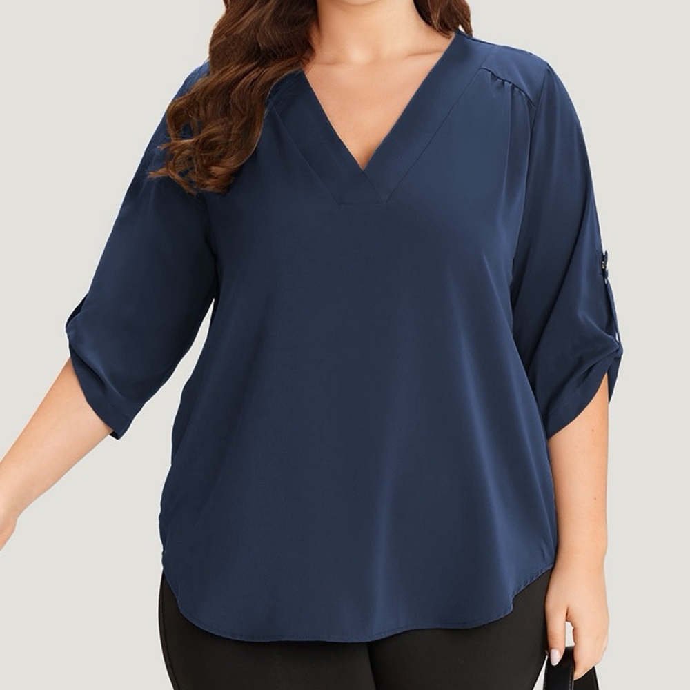 BloomChic Navy V-Neck Roll Sleeve Blouse Size Large 12